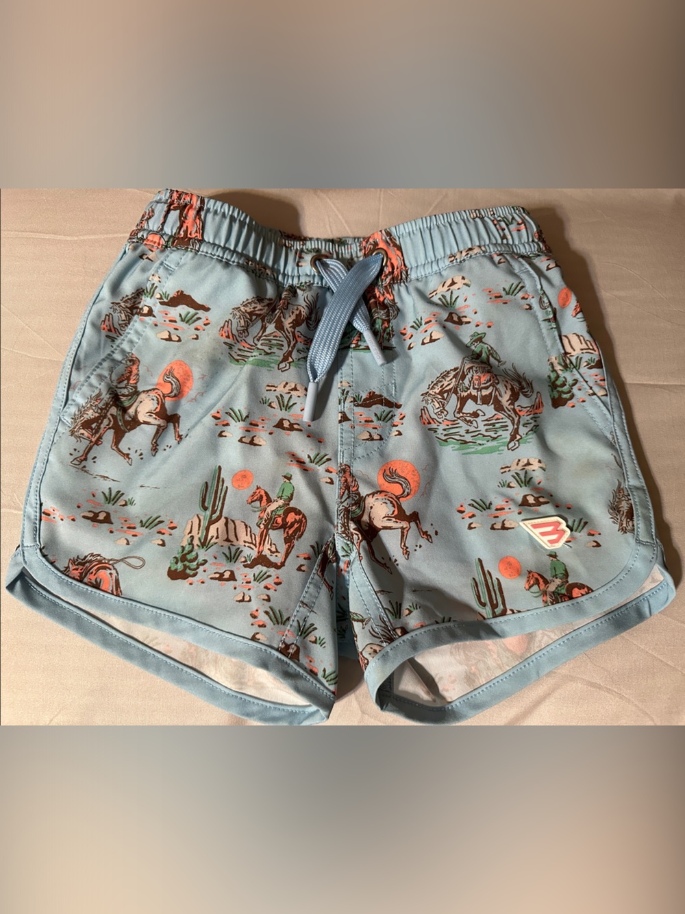 BURLEBO Light Blue Boys' Swim Shorts with Western Horse Scene